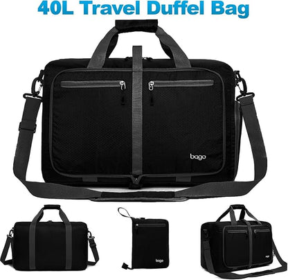 Bago Foldable Duffel Bags for Traveling Women & Men - 60L Medium Packable Duffle Bag for Travel with Shoe Compartment - Water Repellant, Heavy Duty, Lightweight Folding & Collapsible (All Black)