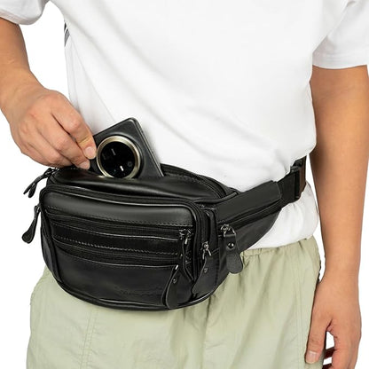 Leather Fanny Pack for Men Women,Genuine Leather Waist Belt Bag with Adjustable Strap Belt Hip Bag with Multi-Pockets for Travel Sports Running Cycling Hiking