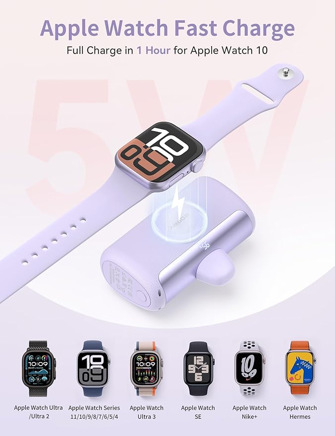 RORRY Mini Portable Charger USB C, 10000mAh PD 22.5W Fast Charging Small Power Bank, Travel Essential Battery Pack for iPhone 17/16/15 Series and Apple Watch Ultra/11/10/9/SE, iPad, Pink