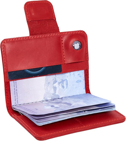 Leather Passport Holder with AirTag Slot - Travel Passport Wallet Compatible with Airtag Passports Cover with Card Slots & Note Compartment, Magnetic Closure, Genuine Leather Crazy Horse, Vintage Red