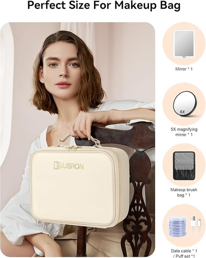 JUSRON Travel Makeup Bag With LED Mirror, Cosmetic Train Case with Light up Mirror, Portable Makeup Artist Organizer Bag with Adjustable Dividers, Makeup Brush Holder Storage (White, Large)