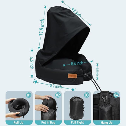Travel Pillow with Hood, Memory Foam Airplane Neck Pillow for Long Flight, Soft, Comfort Portable Travel Neck Pillow for Flight, Drive, Work, Rest, with Storage Bag