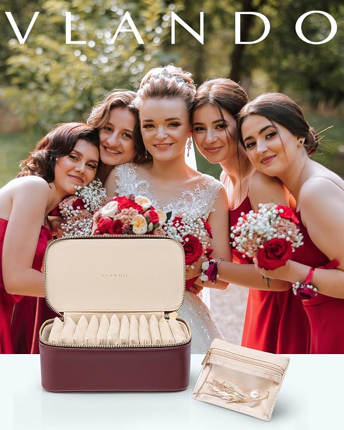 Vlando Jewelry Box with 12 Velvet Jewelry Bags Travel Jewelry Case for Girls Jewelry Organizers Necklace Rings Earrings Storage Bags Christmas Gifts Bridal Shower Gifts- Red