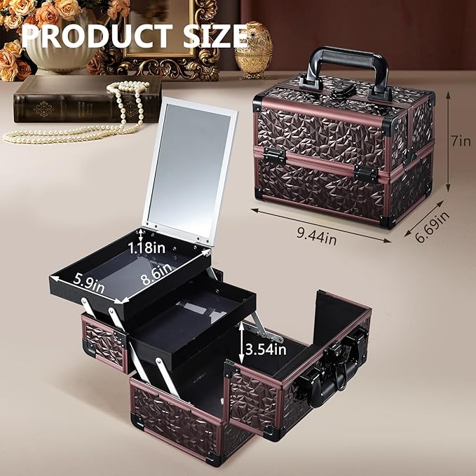 Joligrace Makeup Train Case Cosmetic Box Portable Makeup Case Organizer 2 Trays Makeup Storage with Mirror Locking for Cosmetologist Aesthetic Supplies Nail Tech Traveling Makeup Box Dark Brown