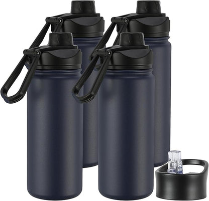 16 oz Insulated Water Bottle with Straw Lids, Stainless Steel Kids Water Bottles for School, Double Wall Vacuum Metal Water Bottle with Straw & Wide Mouth Lid, Navy 4 Pack