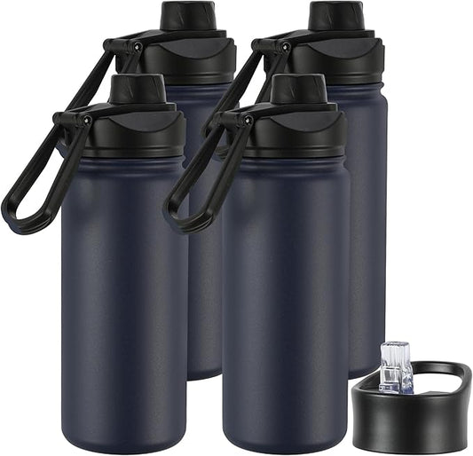 16 oz Insulated Water Bottle with Straw Lids, Stainless Steel Kids Water Bottles for School, Double Wall Vacuum Metal Water Bottle with Straw & Wide Mouth Lid, Navy 4 Pack