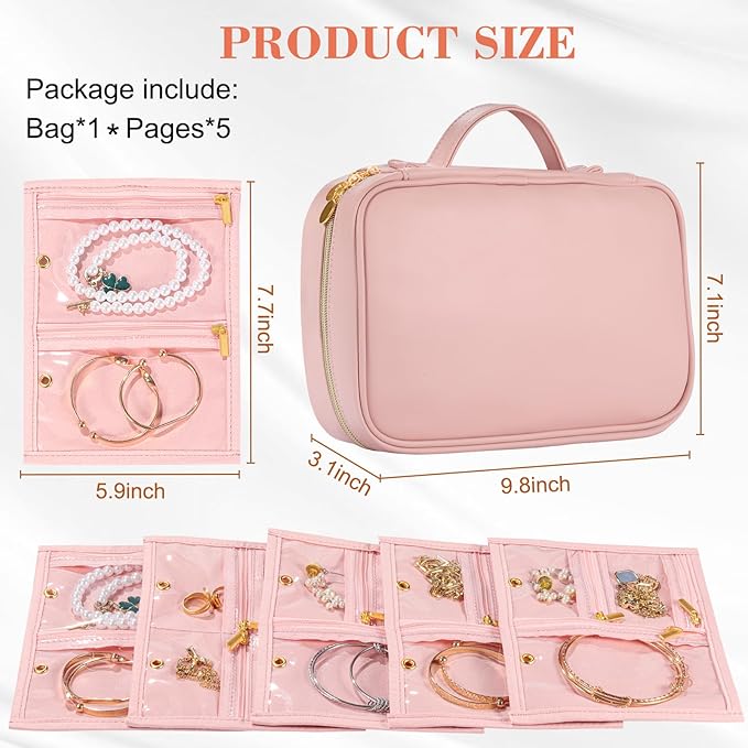 Leather Travel Jewelry Case Organizer,Jewelry Storage Book Binder with Clear Zipper Pouch & Lining-Portable Jewelry Bag for Earrings,Rings,Necklaces,Bracelets (Pink)
