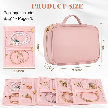 Leather Travel Jewelry Case Organizer,Jewelry Storage Book Binder with Clear Zipper Pouch & Lining-Portable Jewelry Bag for Earrings,Rings,Necklaces,Bracelets (Pink)