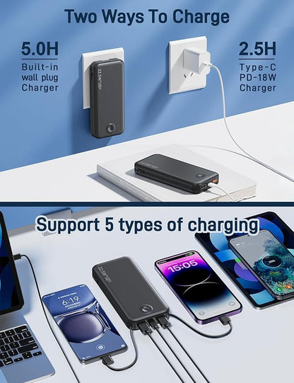 22.5W Super Fast Charging Portable Charger with Wall Plug,12000mAh USB-C Power Bank Built-in 2 Cable, Lightweight Phone Charger Travel Battery Pack for All iPhone, Samsung, Tablets