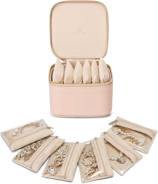 Vlando Small Jewelry Box Organizer,Travel Jewelry Storage with 6 Velvet Jewelry Zipper Pockets,Travel Jewelry Case Birthday Gifts for Women Girls(Khaki)