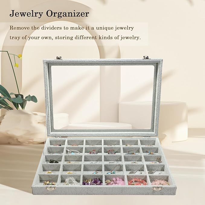 Stratalife Jewelry Organizer Jewelry Holder Storage Earring Organizer Box Tray with Lid Velvet Earring Display for Drawer 30 Grid Grey