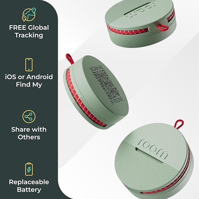 Roam Smart Tracker | Eco-Friendly Travel Tracker with Built-in Elastic Strap | QR Lost & Found, Global Find My Network | Replaceable Battery | No Extra App or Subscription Needed | 2-Pack, Green