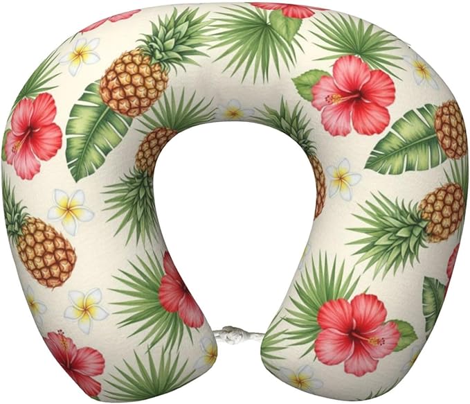 Neck Support Pillow, Comfortable Memory Foam Car/Flight/Airplane Chin Pillows U Shaped Cushion for Office Travel Sleeping Vintage Tropical Flowers Pineapple Floral