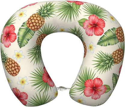 Neck Support Pillow, Comfortable Memory Foam Car/Flight/Airplane Chin Pillows U Shaped Cushion for Office Travel Sleeping Vintage Tropical Flowers Pineapple Floral