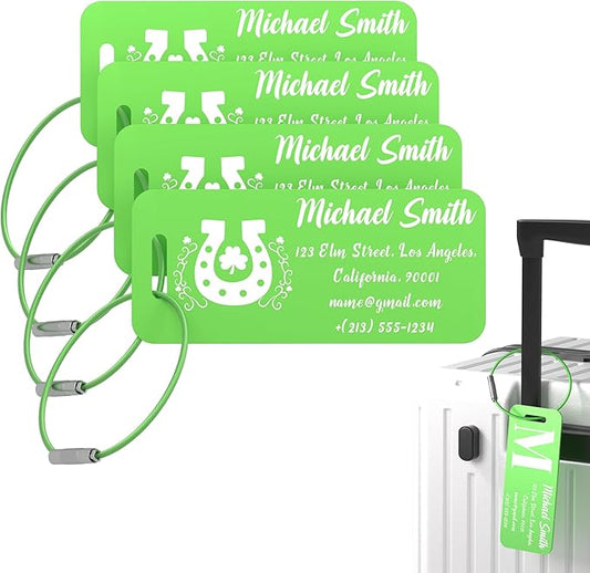 4 PCS Personalized Luggage Tags for Suitcase, Custom Engraved Aluminum Luggage Tags with Your Personalized Text Logo, Metal Name Tags with Steel Loop for Bag, Suitcase, Backpack (Green, Small)