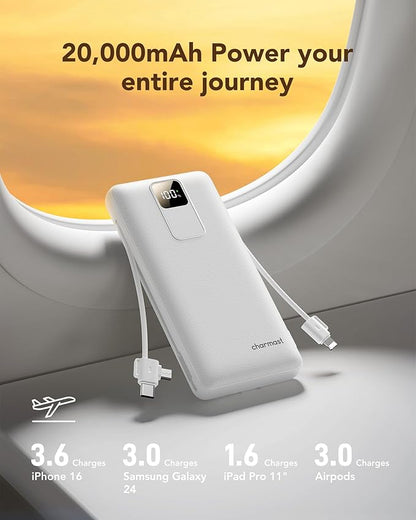 charmast 20000mAh Portable Charger with Built-in Cables & Wall Plug, 20W USB C Power Bank, Fast Charging Battery Pack Travel Essentials Compatible with iPhone 16/15/14 Series, Samsung, Google, iPad