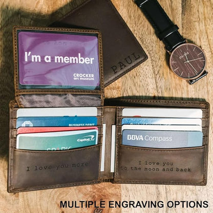 STAY FINE Personalized Wallet for Men, Custom Engraved Leather RFID Blocking Bifold, 2 ID Windows, 8 Card Slots, Gift for Him, Brown