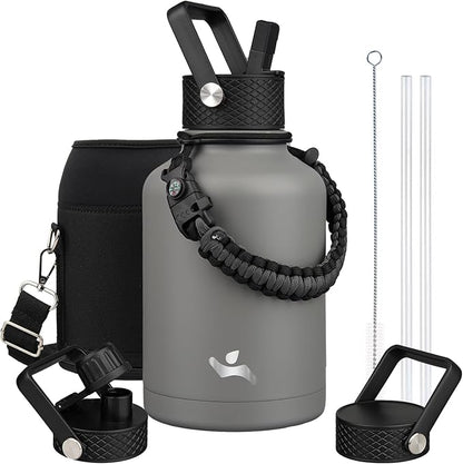 Insulated Water Bottle with Straw,50 oz 3 Lids Water Jug with Carrying Bag,Paracord Handle,Double Wall Vacuum Stainless Steel Metal Flask,Gray