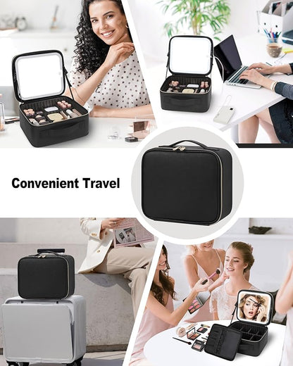 TANTO Makeup Bag With LED Mirror, Travel Makeup Case with Light up Mirror Large Cosmetic Case with 3 Color Lighted Portable Organizer Bag with Adjustable Dividers（Black）
