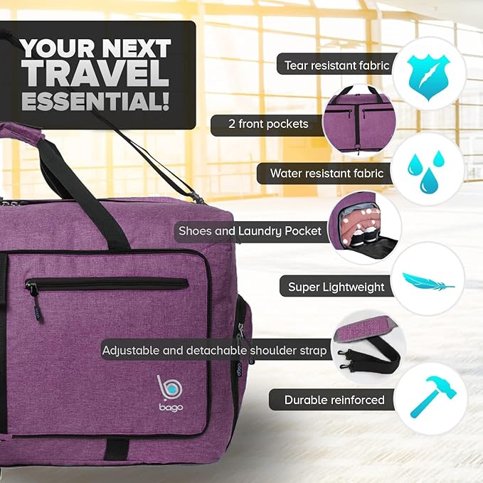 Bago Foldable Duffel Bags for Traveling Women & Men - 60L Medium Packable Duffle Bag for Travel with Shoe Compartment - Water Repellant, Heavy Duty, Lightweight Folding & Collapsible (SnowDepPurple)