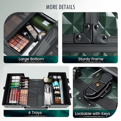 FRENESSA Makeup Case Makeup Box Cosmetic Train Cases Portable Make Up Artist Travel Case Storage Box 4 Trays with Dividers Lockable Hard Makeup Box Craft Nail Kits Case Drak Green
