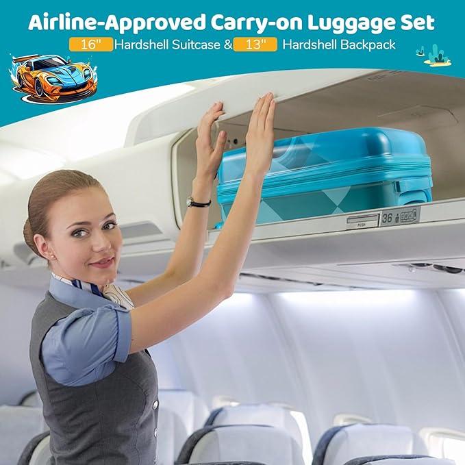 HONEY JOY Kids Luggage, Travel Backpack & Hard Shell Toddler Suitcase, Children Rolling Luggage with Wheels, Retractable Handle & 4 Casters, 2Pcs Carry On Luggage Set for Boys Girls(Racing Car)