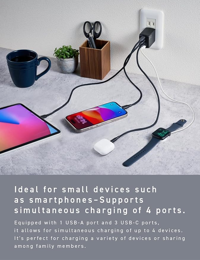 CIO 65W GaN Charger Block, Compact 4-Port Adapter with 3 USB-C Ports & 1 USB-A, Max 67W USBC Fast-Charging Multi-Device Wall Charger Block for Laptop/Phone/Tablet, NovaPort Quad II 67W3C1A (Black)