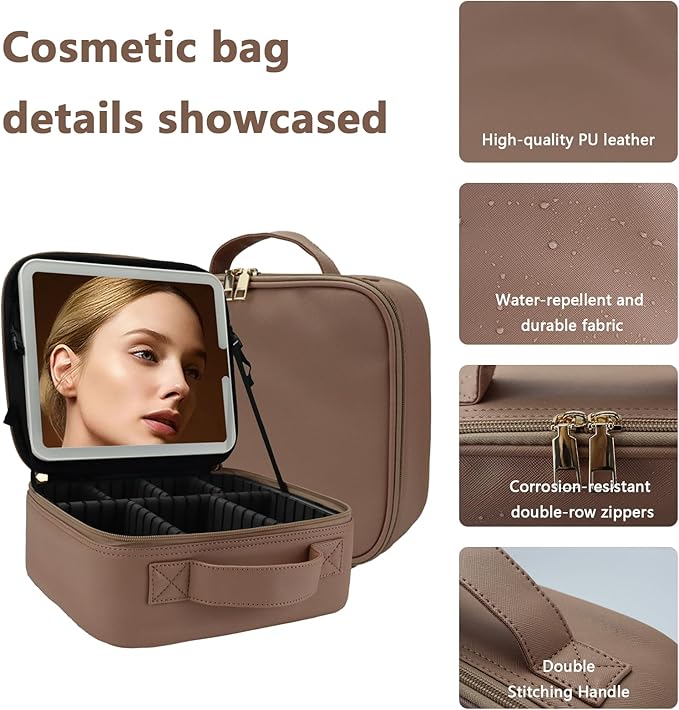 Travel Makeup Bag with LED Lighted Mirror, Travel Makeup Organizer,3 Color Setting Cosmetic Makeup Box, Adjustable Dividers and Brush Holder（Mocha）