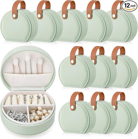 Weysat 12 Pack Travel Jewelry Case Mini Leather Bridesmaid Jewelry Gift Box Bulk, Half Moon Design, Detachable Handle, Small Earring Storage Organizer for Women Girls Bridesmaid Proposal Gifts(Green)