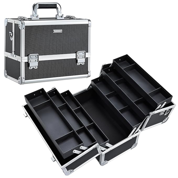 FRENESSA Makeup Train Case Makeup Case 12.6 Inch Large Cosmetic Box Organizer Travel Storage Professional Make Up Train Carrying Case with 6 Trays Locking Shoulder Strap Hard Vanity Storage Black