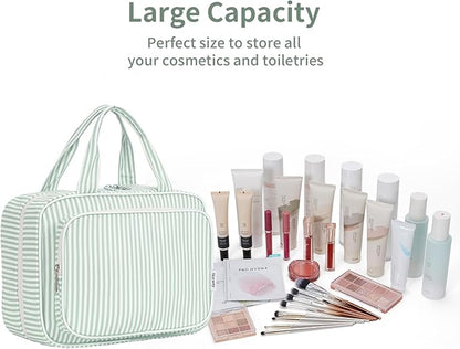 Narwey Striped Travel Toiletry Bag for Women Large Hanging Makeup Bag Organizer Toiletries Bag for Full Size Essentials Accessories Cosmetics (Mint Green Stripe (Large))