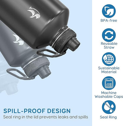 Coolflask Gallon Water Bottle Insulated with Straw&3 Lids, 128 oz Water Jug Large Stainless Steel Metal Vacuum Wide Mouth for Sports, Gym or Office, Non-BPA Keep Cold 48H Hot 24H, Magic Black