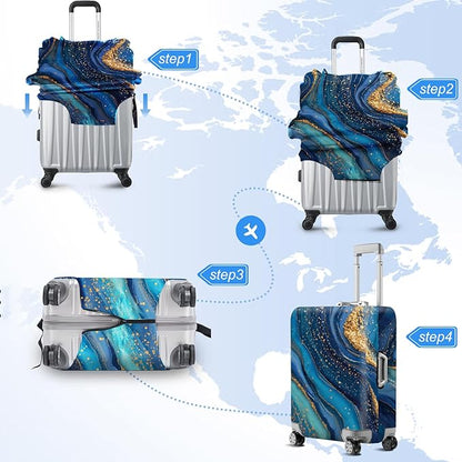 FOREVER QUEEN Luxury Golden blue Marble Luggage Cover Suitcase Protector Suitcase Cover Anti-Scratch,Stretchable Bag Cover Washable Durable Polyester