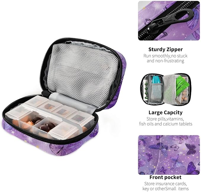 Pink Cute Butterflies and Stars Travel Pill Organizer Case Box Container Weekly Portable Vitamin Medicine Holder Storage Bag with Zipper Removable