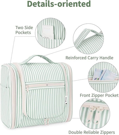 Narwey Striped Hanging Travel Toiletry Bag for Women, Travel Bag for Toiletries, Makeup Bag Organizer Cosmetic Bags Make Up Bags for Women (Mint Green Stripe)