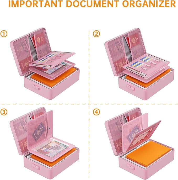 DocSafe 5200°F Document Organizer with Lock,Upgraded Heat Insulated Fireproof＆Waterproof Box 8 Layers File Organizer,Portable Home Travel Safe Storage for Important Documents, Files,Pink (Soft)