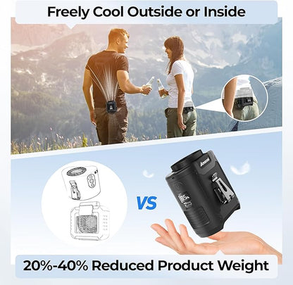 AMACOOL Portable Waist Fan Clip On, MAX 40H Work Time, 10000mAh Rechargeable Wearable Shirt Fan with Light, 16000RPM Powerful 5 Speed Belt Fans Personal Cooling Fans for Outdoor Jobsite Travel
