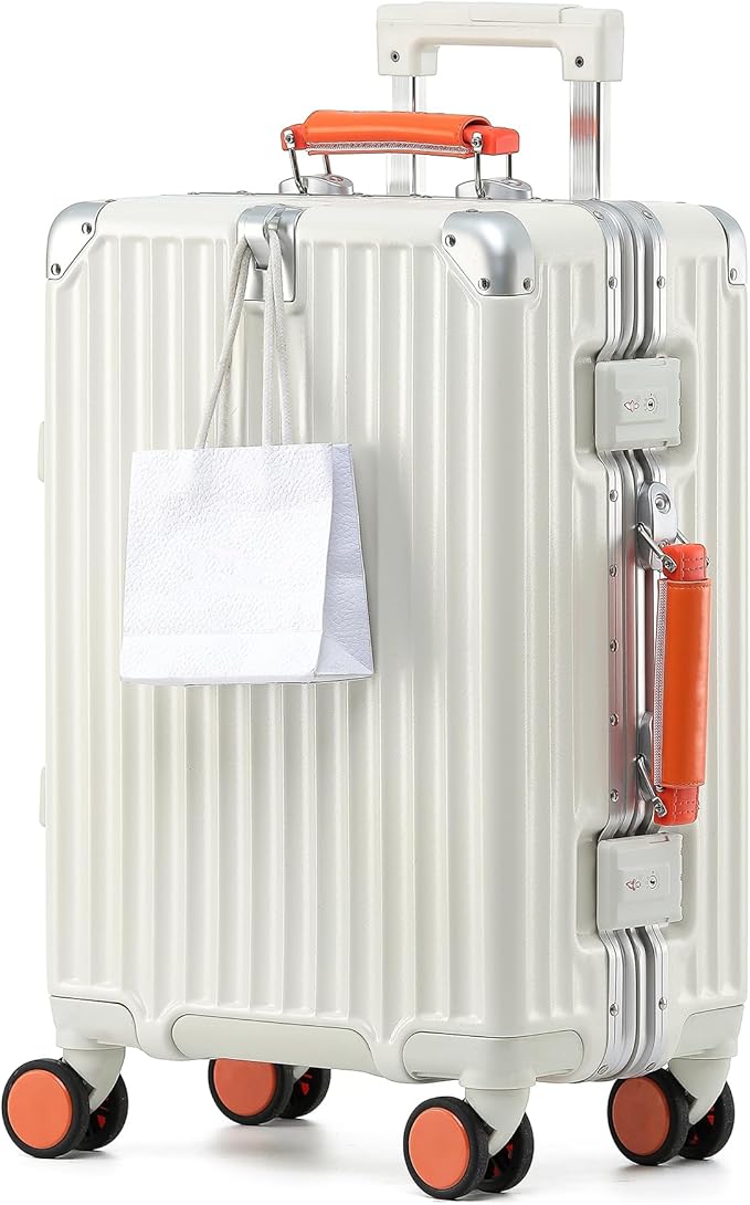 24 Inch Hardside Checked Luggage with Leather Handle, PC Zipperless Suitcase with Spinner Wheels and TSA Locks, Lightweight Checked Luggage for Travel, White