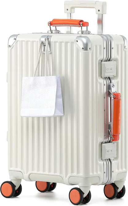 24 Inch Hardside Checked Luggage with Leather Handle, PC Zipperless Suitcase with Spinner Wheels and TSA Locks, Lightweight Checked Luggage for Travel, White