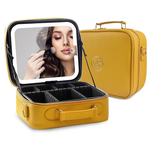 MOMIRA Travel Makeup Bag Cosmetic Bag with Lighted Mirror, Adjustable Brightness in 3 Color Scenarios/Detachable makeup mirror, All-round Upgrade, Waterproof, Gift for Women -Yellow