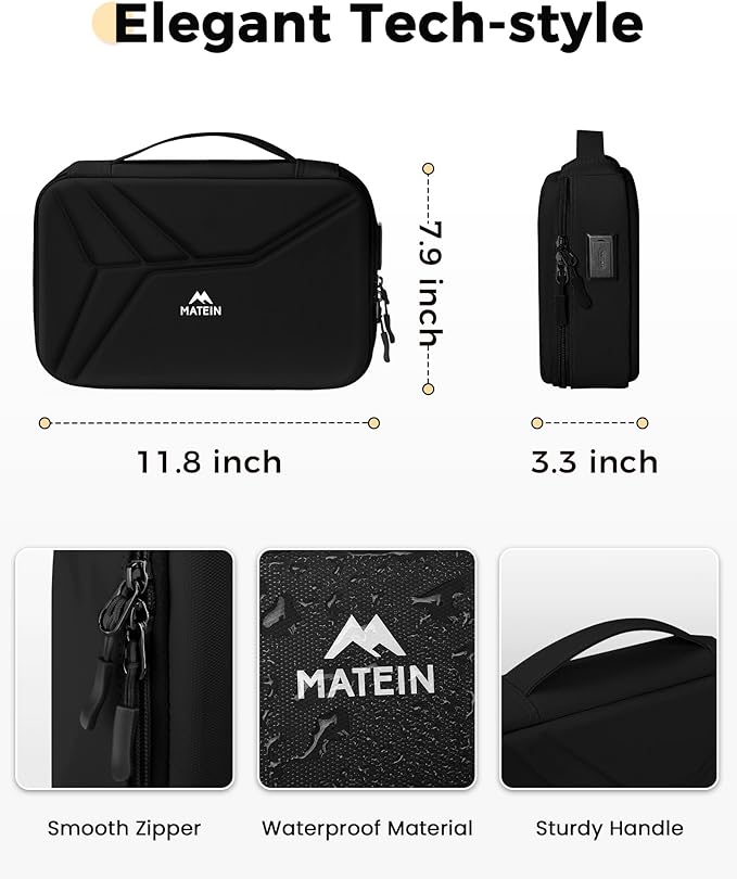 MATEIN Charger Cord Organizer with USB-C & USB-A Ports, Hardshell Cable Organizer Bag Cord Storage for Travel, Water Resistant 2-in-1 Electronics Case for Tech Accessories and Cosmetics, Black