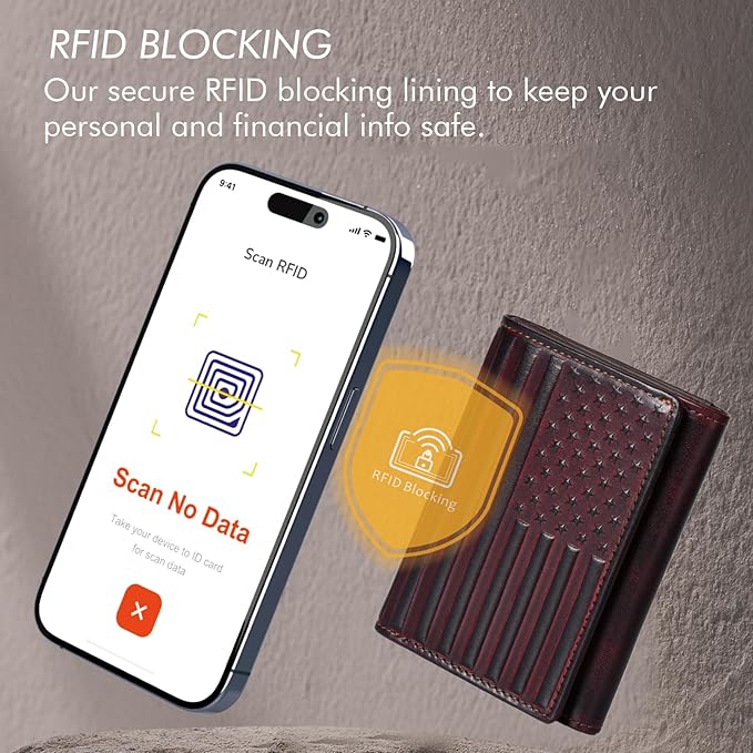 Trifold Leather Wallet for Men RFID Blocking – Mens Trifold Wallet Leather with 12 Card Slots, Gift for Men, American Flag Wallet Red