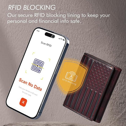 Trifold Leather Wallet for Men RFID Blocking – Mens Trifold Wallet Leather with 12 Card Slots, Gift for Men, American Flag Wallet Red