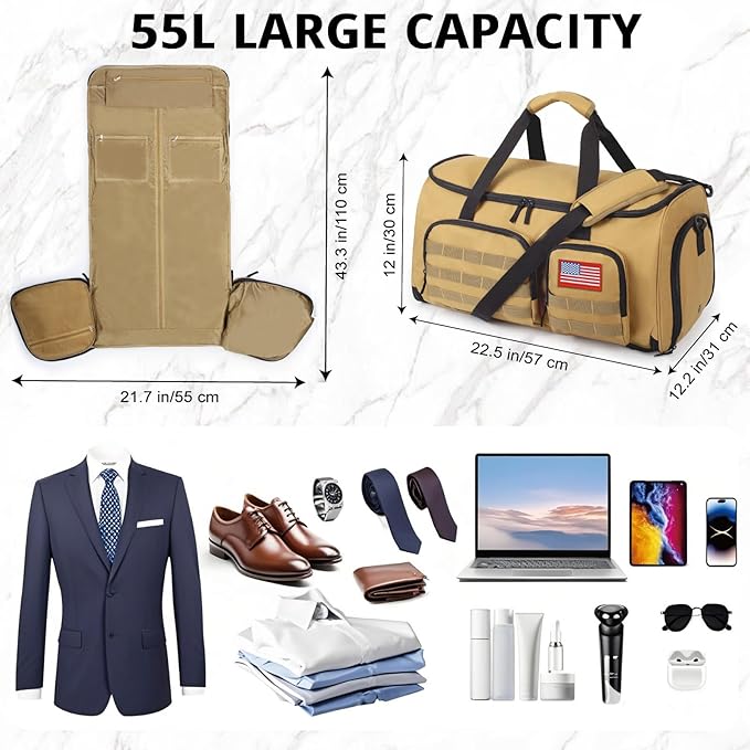 3-in-1 Tactical Garment Bag For Men,55L Large Capacity Convertible Suit Bag,Garment Bags For Hanging Clothes With Shoes Compartment, Multi-Functional Suit Bag For Travel Business