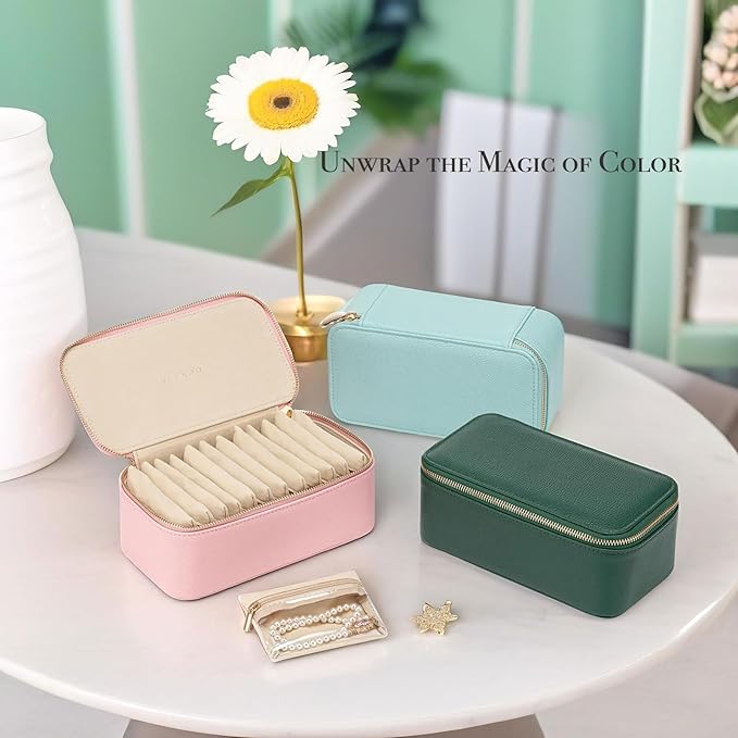 Vlando Travel Jewelry Box Organizer - 12 Small Velvet Zipped Pouches Pockets for Jewelries Necklaces Rings Earrings Sorting Storage, Strawberry Pink