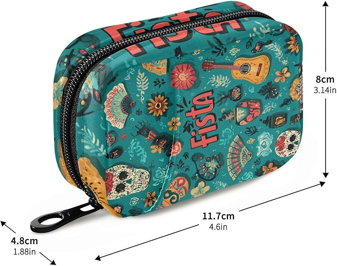 Fiesta Mexican Green Skulls Guitars Flowers Travel Pill Organizer Case Box Container Weekly Portable Vitamin Medicine Holder Storage Bag with Zipper Removable