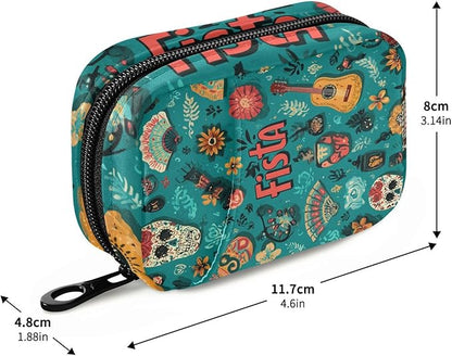 Fiesta Mexican Green Skulls Guitars Flowers Travel Pill Organizer Case Box Container Weekly Portable Vitamin Medicine Holder Storage Bag with Zipper Removable