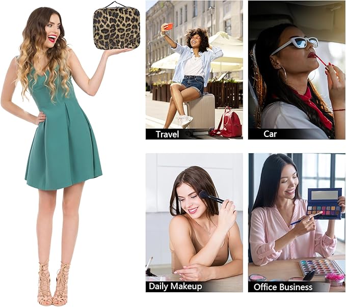 Travel Makeup Bag Makeup Cosmetic Train Case Organizer Portable Storage Bag with Adjustable Dividers for Cosmetics Makeup Brushes Toiletry Jewelry Leopard