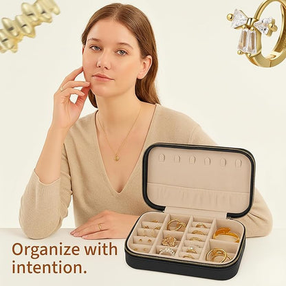 Small Travel Jewelry Box Organizer for women & Girls, Portable Small Travel Jewelry Case Organizer for Traveling, PU Leather Mini Box for Earrings, Necklaces, Rings, Bracelets - Black
