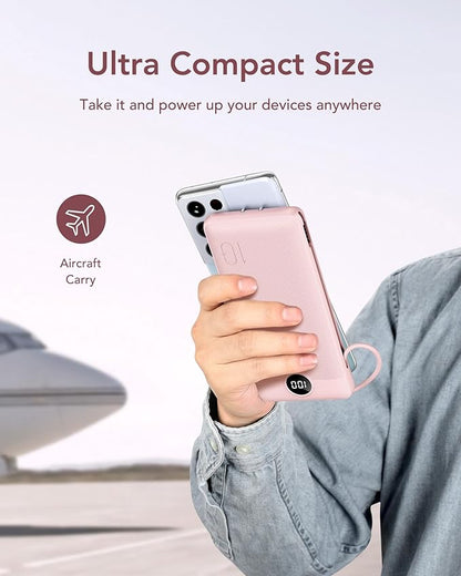 VEGER Portable Charger with Built-in AC Plug and Cables, All in One 10000mAh Ultra Slim Power Bank Travel Essentials, 15W Fast Charging Battery Pack Compatible with iPhone, Samsung, Android (Crepe)